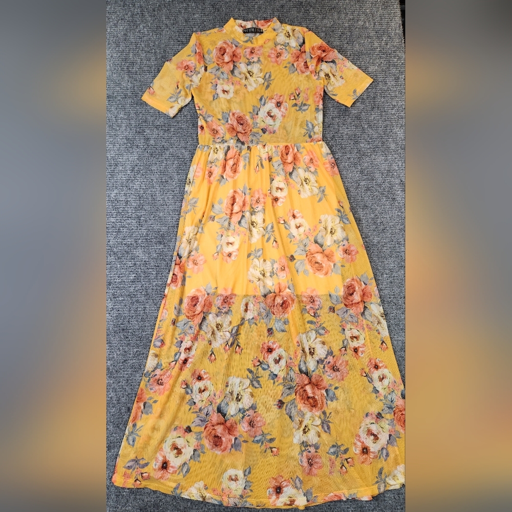 Potters Pot Sheer Mesh Half Sleeve A-Line Floral Multicolor Maxi Dress Size M